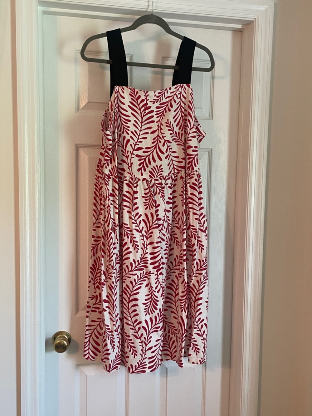Who What Wear Cream Sundress with Red Leaf Print and Black Straps